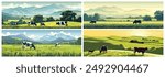 Vector Illustration of a Beautiful Farm Landscape with Cows and Mountains, Farm in the Background. The Grassy Field Shines Green