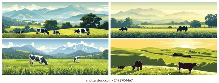 Vector Illustration of a Beautiful Farm Landscape with Cows and Mountains, Farm in the Background. The Grassy Field Shines Green