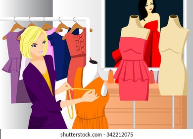 A vector illustration of beautiful fashion designer working in her studio