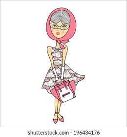 Vector illustration of a beautiful fashion girl in sunglasses, printed dress, gloves and shawl with bag. Glamorous lady on white background