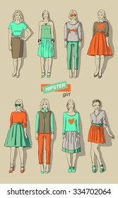 vector illustration of beautiful fashion girls hipsters set