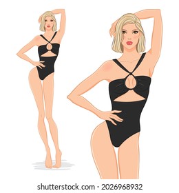Vector illustration of a beautiful fashion model posing in a stylish black swimsuit. Young attractive woman in bikini, isolated on white background. Blonde girl on a beach.