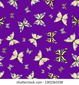 Vector illustration. Beautiful fashion pattern with butterflies. Fantasy illustration. Illustration in white, violet and yellow colors. Fashion cute fabric design.