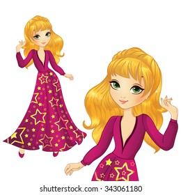 Vector illustration of beautiful fashionable blonde party girl in long burgundy star dress 