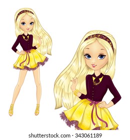 Vector illustration of beautiful fashionable blonde party girl in gold skirt and black blouse