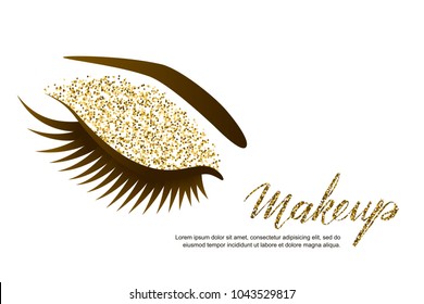 Vector illustration of beautiful female eye with long eyelashes and holiday luxury makeup. Golden glitters eyeshadows, trendy makeup. Concept for beauty salon, cosmetics label, visage and makeup.