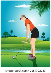 Vector illustration of a beautiful female golfer swinging posture. Golf course in the background