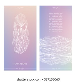 Vector illustration of beautiful female hairstyle. View from the back. Colorful blurred background. Collected hair in a stylish ponytail with a bow.