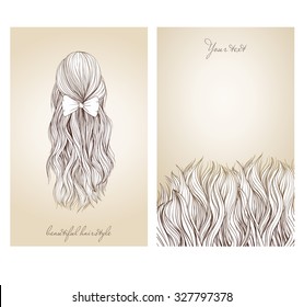 Vector illustration of  beautiful female hairstyle. View from the back. 
Collected hair in a stylish ponytail with a bow.