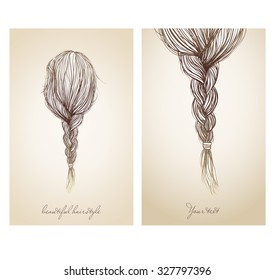 Vector illustration of  beautiful female hairstyle. View from the back. Hair gathered into a sloppy braid.