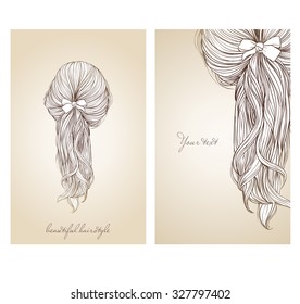 Vector illustration of  beautiful female hairstyle. View from the back. Collected hair in a stylish ponytail with a bow.