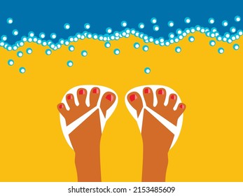 Vector illustration - beautiful female legs with painted nails in white flip-flops are standing on a sandy beach on the seashore near blue water. Concept - leg health and summer vacation
