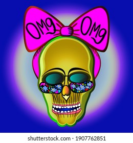 Vector illustration of beautiful female skull in a pink hair band and patches.