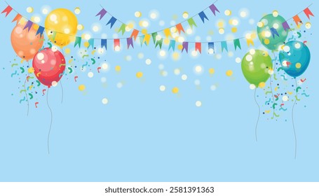 Vector illustration of a beautiful festive background. Cartoon blue background with colored balloons, garlands, streamers: yellow, red, orange, green, blue, purple. Bright and yellow highlights.