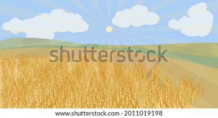 Vector illustration of beautiful field with ripe wheat and blue sky,clouds and shining sun.Horizontal background