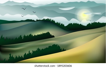 vector illustration of beautiful fields before a thunderstorm, landscapes with dawn and clouds spring, blue and green hills, realistic background in flat simple minimalist style