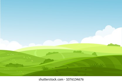 Vector illustration of beautiful fields landscape with a dawn, green hills, bright color blue sky, background in flat cartoon style.