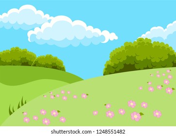 Vector illustration of beautiful fields landscape with a dawn, green hills, bright color blue sky and pink flowers, background in cartoon style.