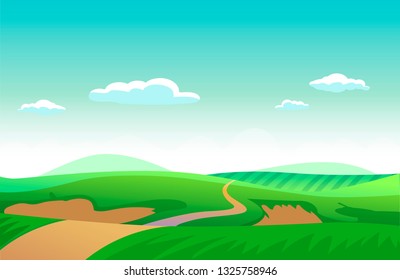 Vector illustration of beautiful fields landscape with a dawn, green hills, bright color blue sky, background in flat cartoon style.
