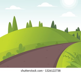 Vector illustration of beautiful fields landscape. Cartoon illustration of the road in the hills. Sunny rural landscape with hills and fields at dawn. Spring pasture, green field landscape - Vector
