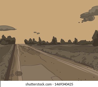 Vector illustration of beautiful fields landscape with a dawn, hills, evening sky, background in flat cartoon anime style.