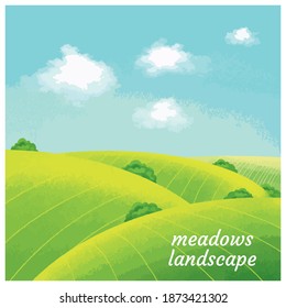 Vector illustration of beautiful fields landscape, green hills, bright color blue sky, background in cartoon style.