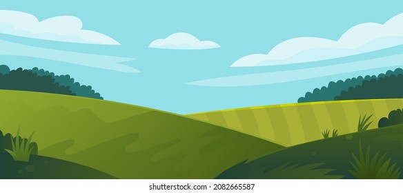 Vector illustration of beautiful fields landscape with a dawn, green hills, bright color blue sky, background in flat cartoon style.