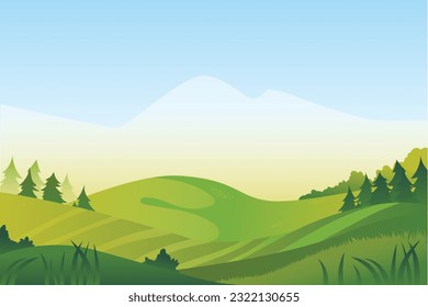 Vector illustration of beautiful fields landscape with a dawn, green hills, bright color blue sky, background in flat cartoon style.