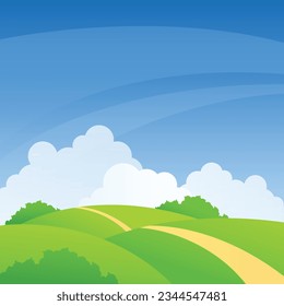 Vector illustration of beautiful fields landscape with a dawn bright color blue sky, background in flat cartoon style.	