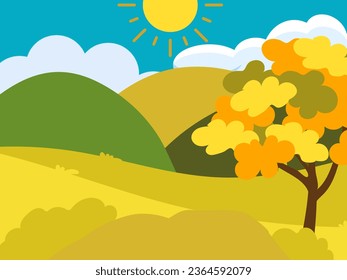 Ilustración vectorial del hermoso paisaje de campos con un árbol, colinas verdes, cielo azul de color brillante, fondo de campo en banner de estilo de dibujos animados planos.
