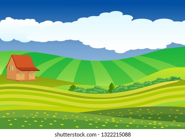 Vector illustration of beautiful fields, meadows landscape with a house, green hills, clouds, blue sky, 