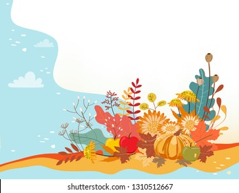 Vector illustration of a beautiful floral Autumn leaves and flowers with pumpkin and green and red apples, Bright floral holiday with bright colour background, Floral flat design for Autumn or Summer
