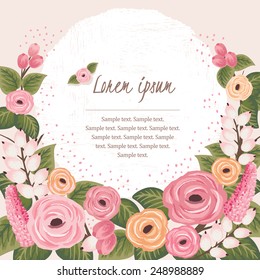 Vector illustration of a beautiful floral border with spring flowers. Beige background