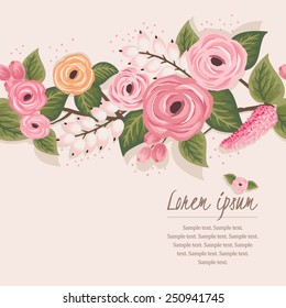 Vector illustration of a beautiful floral border with spring flowers. Beige background