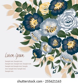 Vector illustration of a beautiful floral border with spring flowers. Light blue background
