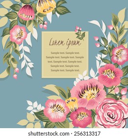 Vector illustration of a beautiful floral border with spring flowers. blue background