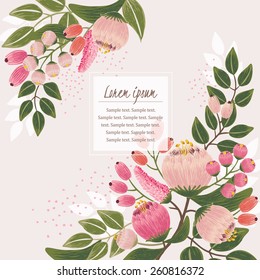 Vector illustration of a beautiful floral border with spring flowers. Beige background