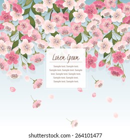 Vector illustration of a beautiful floral border with cherry blossom tree branches. Light blue background