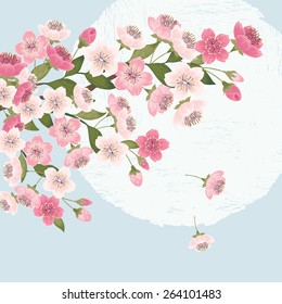 Vector illustration of a beautiful floral border with cherry blossom tree branches. Light blue background