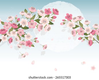 Vector illustration of a beautiful floral border with cherry blossom tree branches. Light blue background