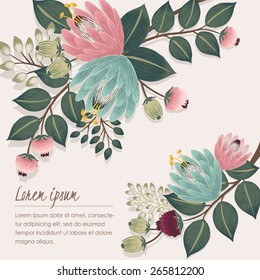 Vector illustration of a beautiful floral border with spring flowers. Beige background