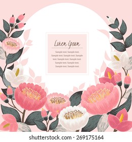 Vector illustration of a beautiful floral border with spring flowers. Pink background