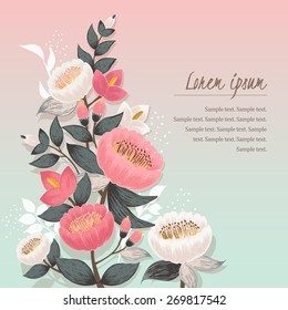 Vector illustration of a beautiful floral border with spring flowers. Gradient background