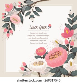 Vector illustration of a beautiful floral border with spring flowers. Beige background