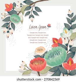 Vector illustration of a beautiful floral border with spring flowers. Beige background