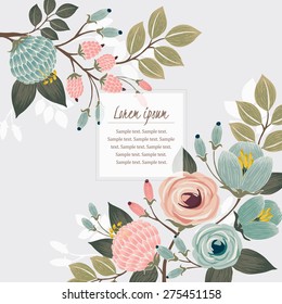 Vector illustration of a beautiful floral border with spring flowers. Light mint background