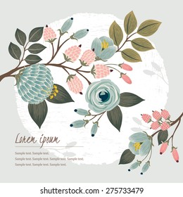 Vector illustration of a beautiful floral border with spring flowers. Light mint background