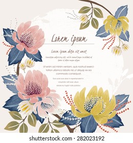 Ilustración vectorial de un hermoso borde floral con flores primaverales. Flores rosas y amarillas.