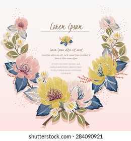 Vector illustration of a beautiful floral border with branches. Light pink and yellow flowers