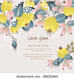 Vector illustration of a beautiful floral border with spring flowers. Yellow and baby pink flowers.